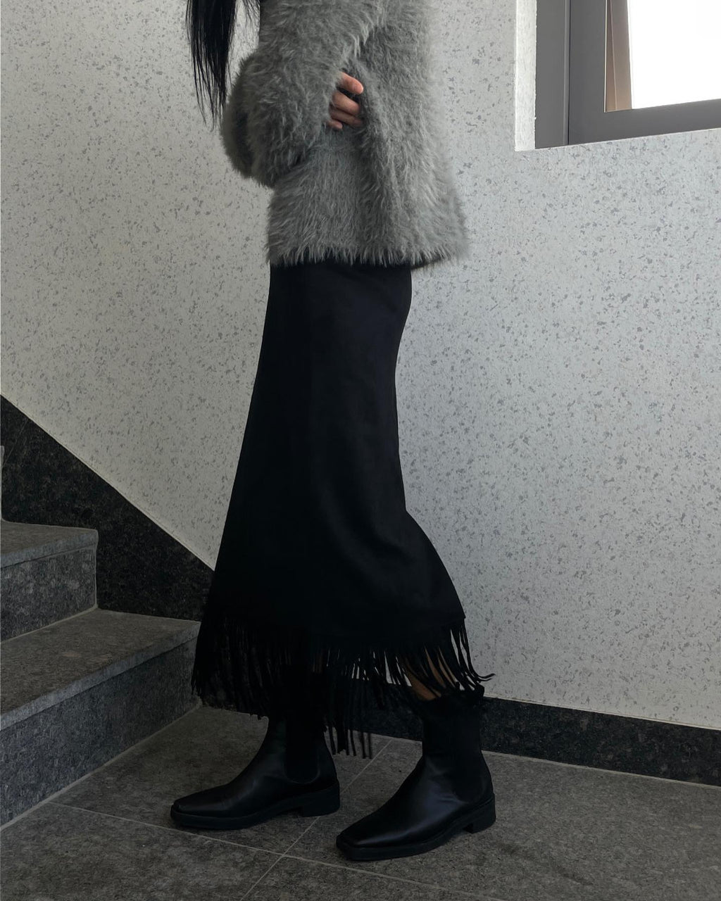 Suede Fringe Midi Skirt Black full body locker