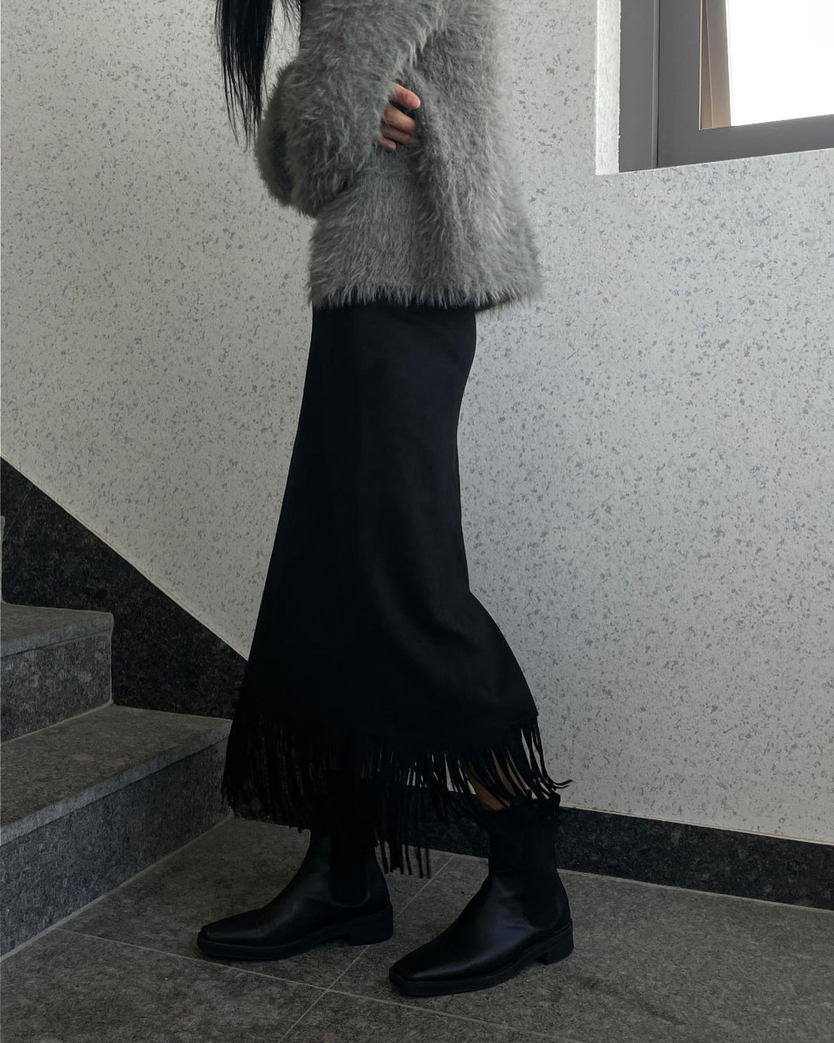 Suede Fringe Midi Skirt Black full body locker