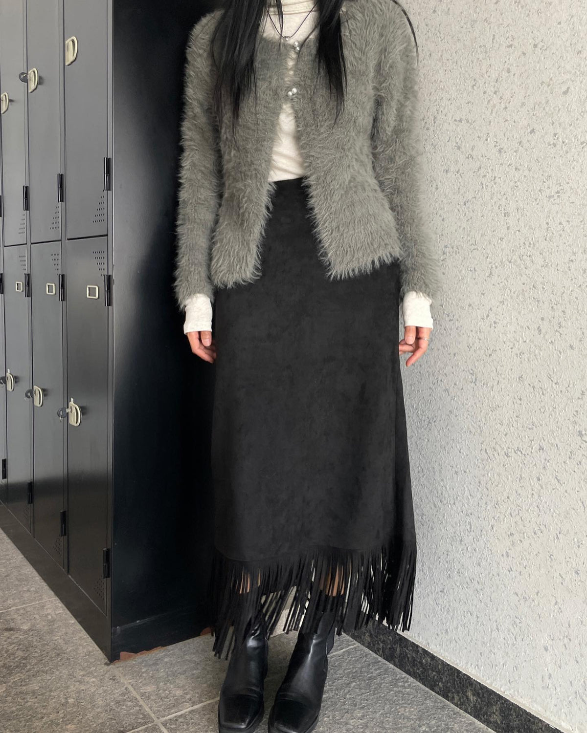 Suede Fringe Midi Skirt Black full body locker front