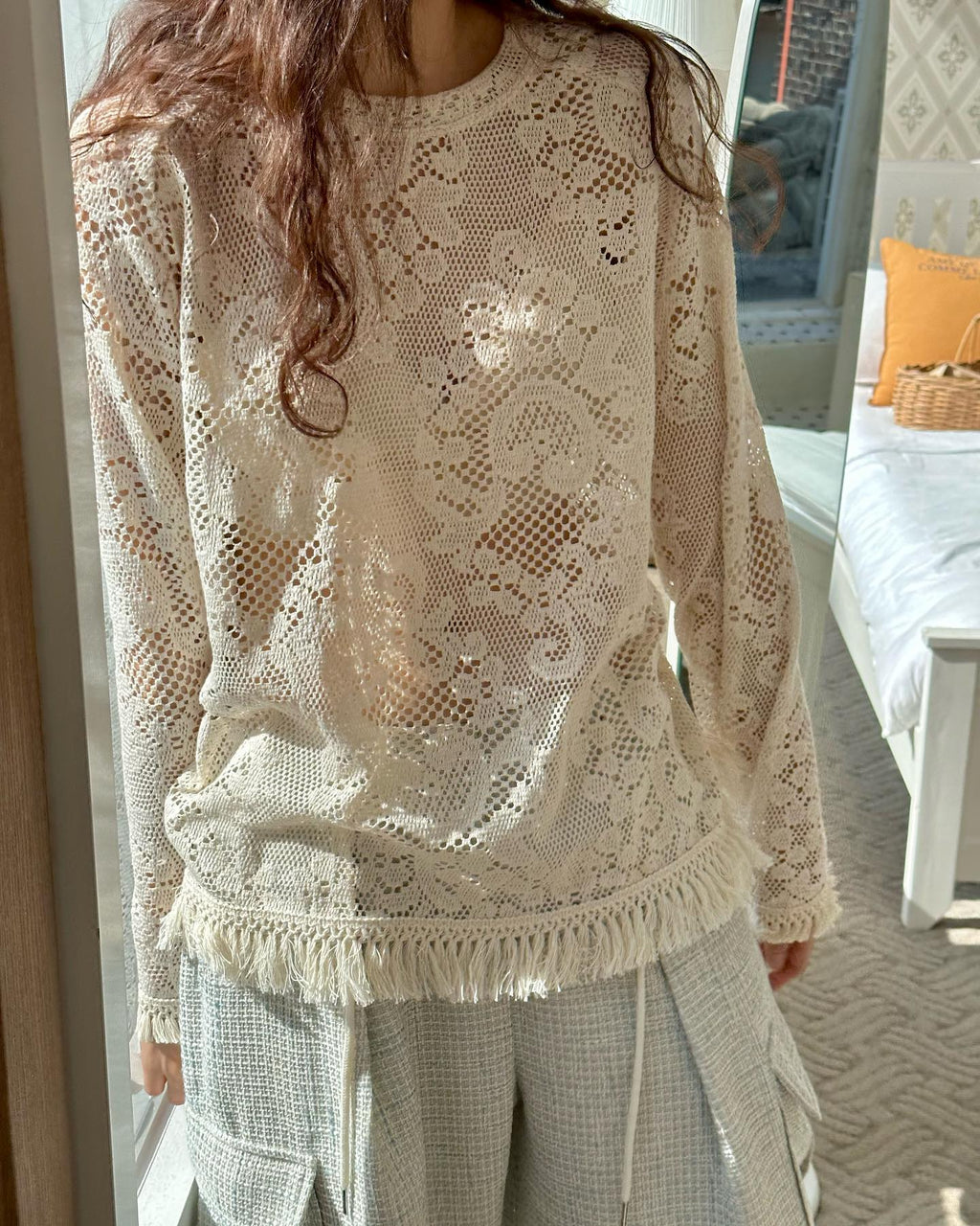 Floral Crochet Lace Fringe Hem Top