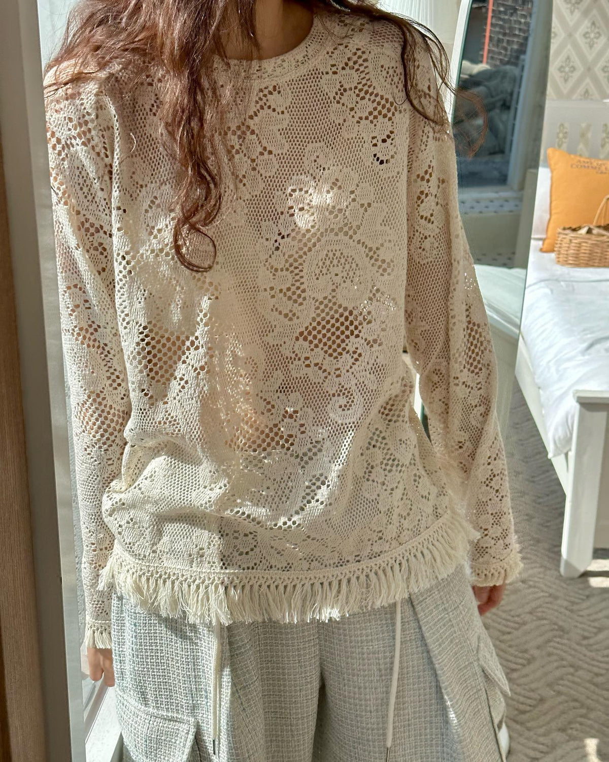 Floral Crochet Lace Fringe Hem Top