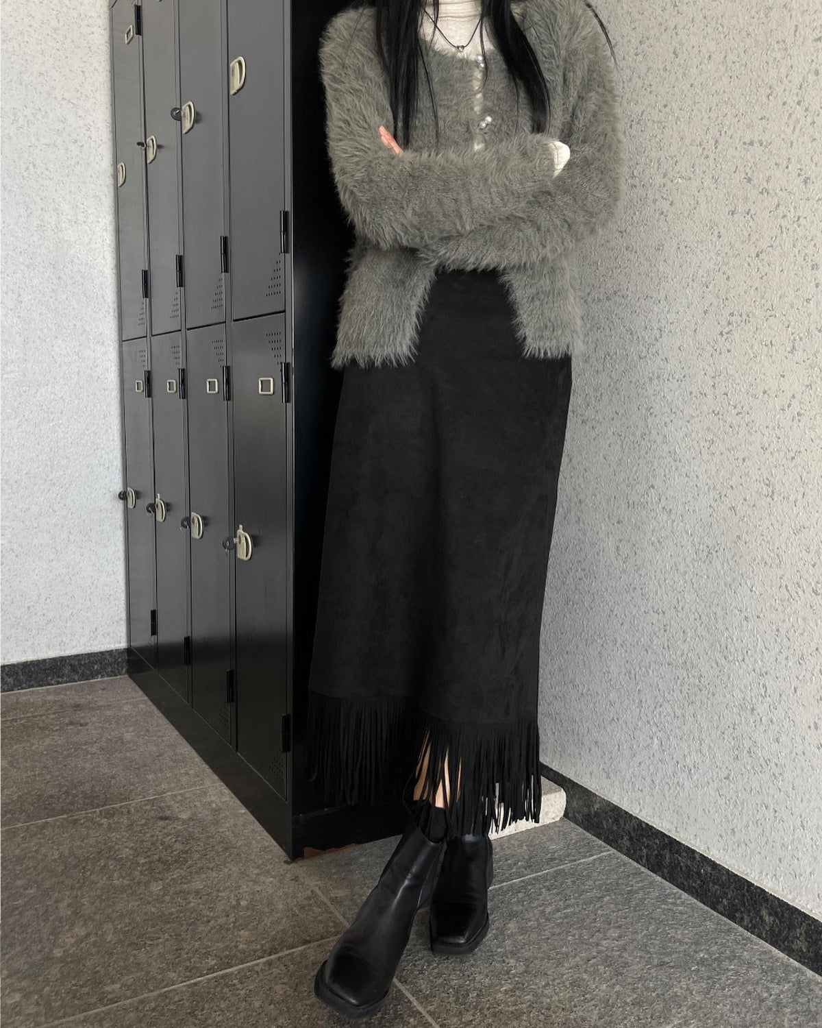 Suede Fringe Midi Skirt Black side staircase
