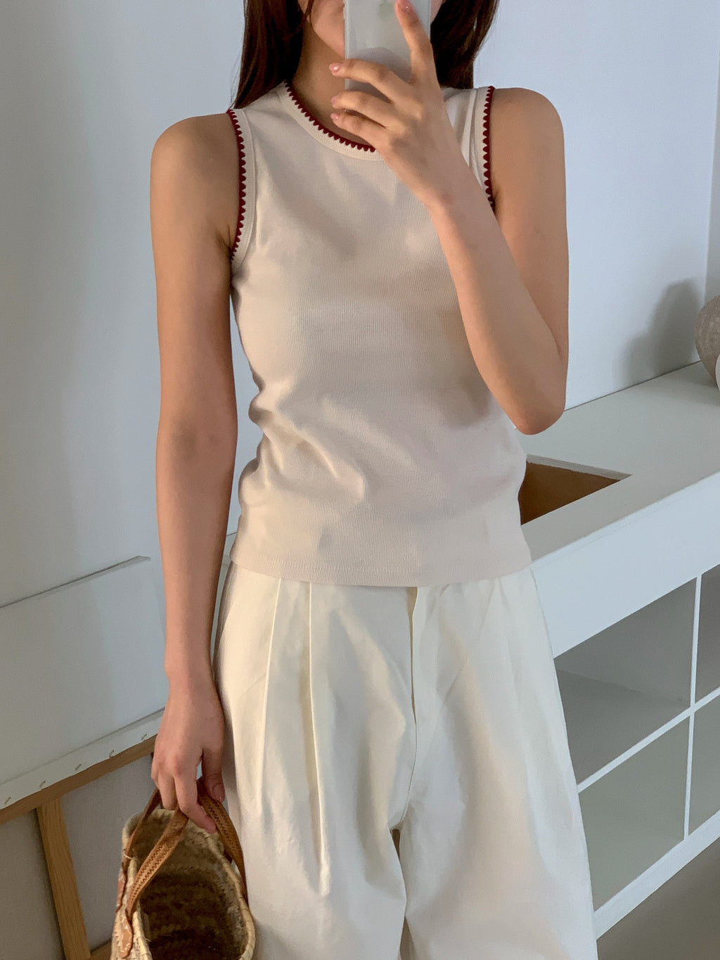 (2Pack)Moment Ribbed Round Neck Sleeveless Top with Contrast Picot Trim