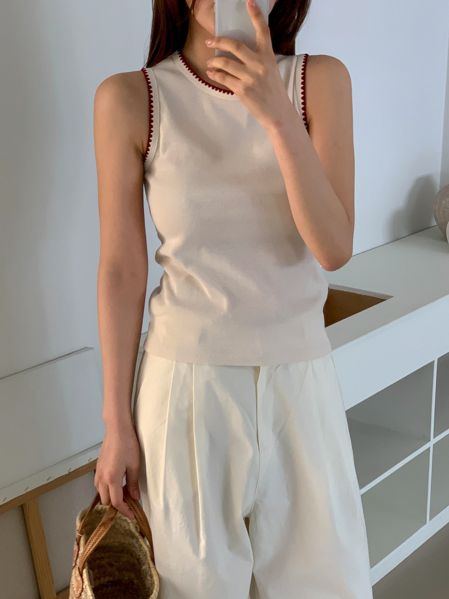 (2Pack)Moment Ribbed Round Neck Sleeveless Top with Contrast Picot Trim