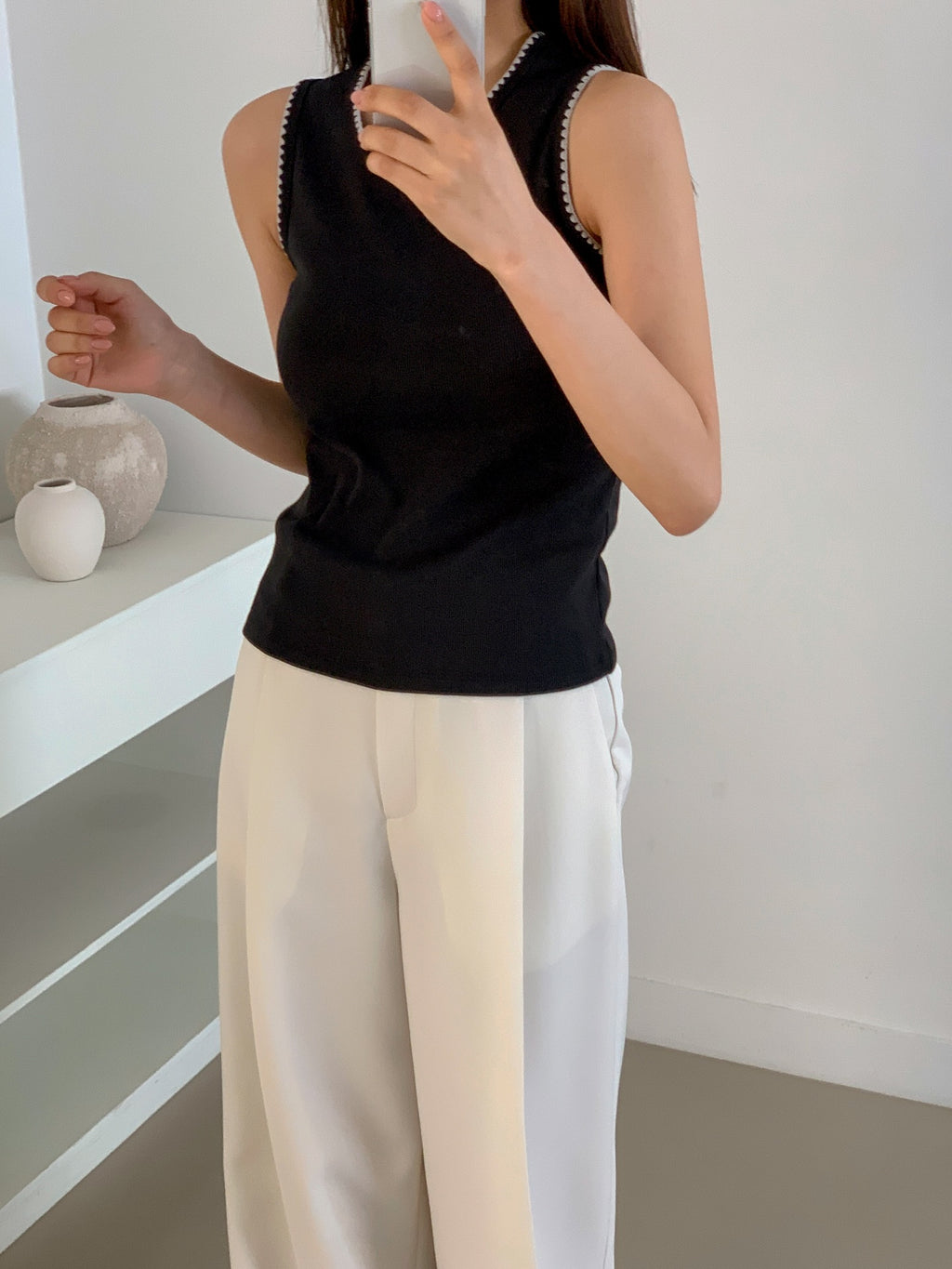 (2Pack)Moment Ribbed Round Neck Sleeveless Top with Contrast Picot Trim