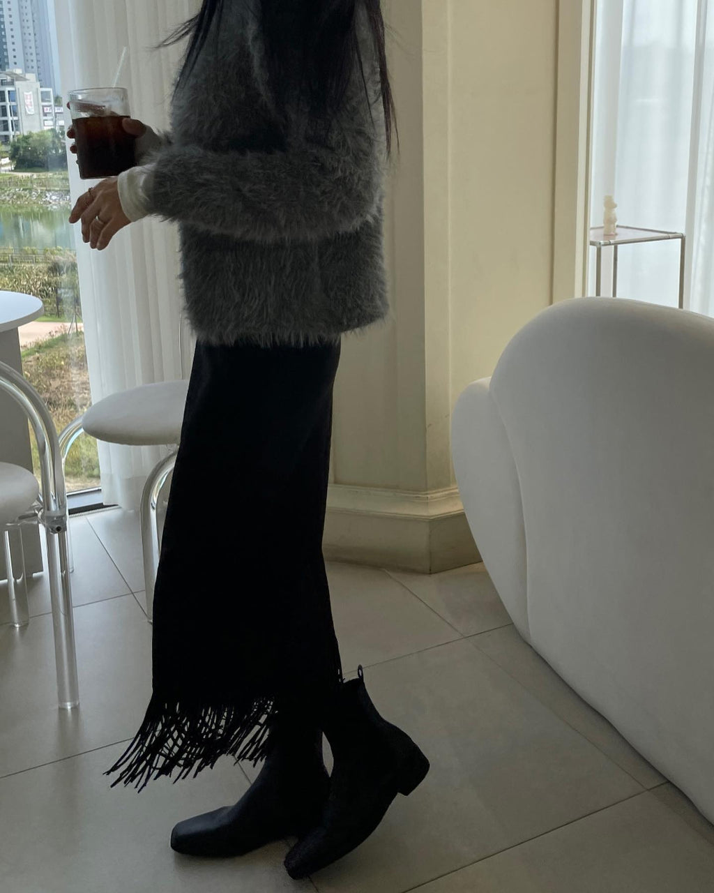 Suede Fringe Midi Skirt Black side close
