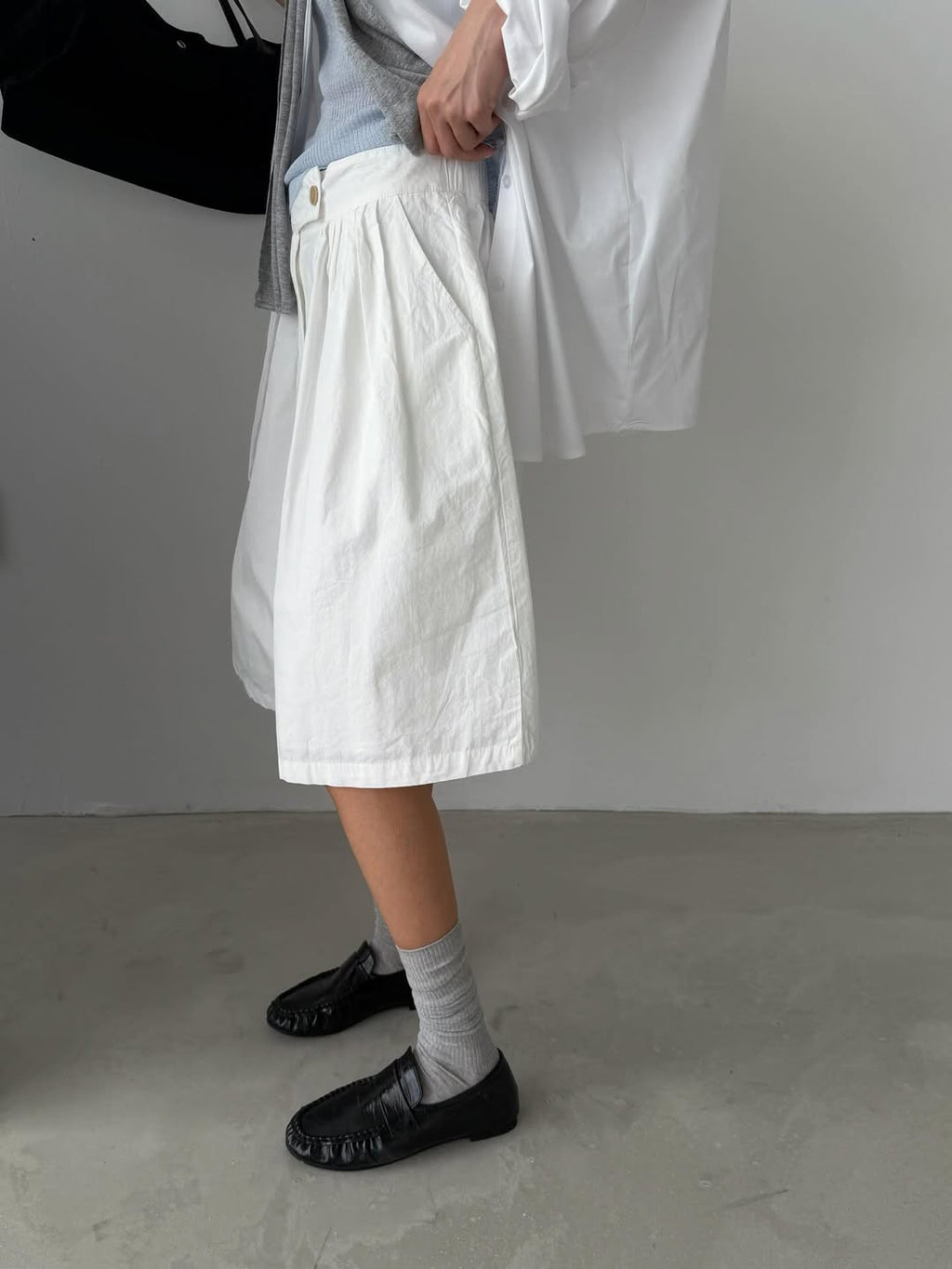 Favert Tuck Pleat Balloon Hem Midi Skirt — Cotton Elastic Waist Front Button
