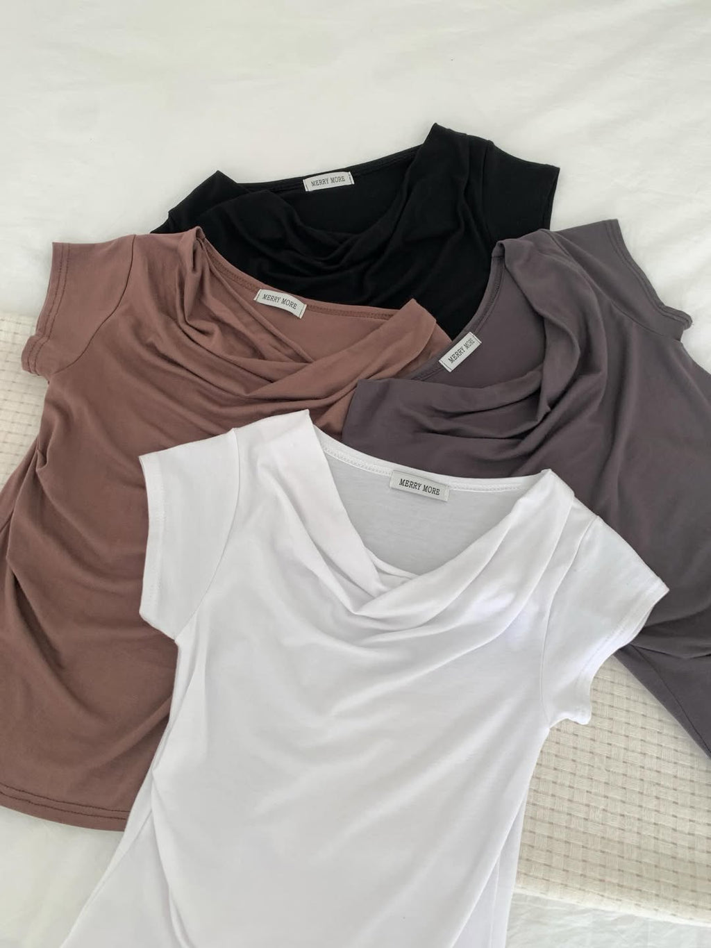 (2pack) Merrymore Draped Cowl Neck Ruched Cropped Short Sleeve Top