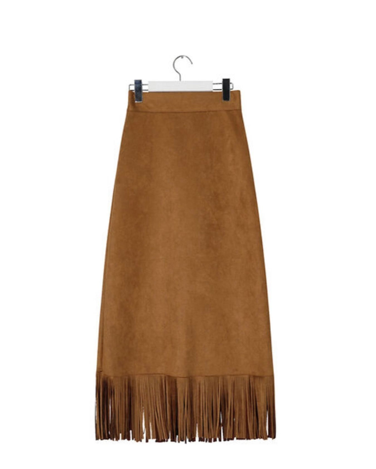 Suede Fringe Midi Skirt Black full outfit