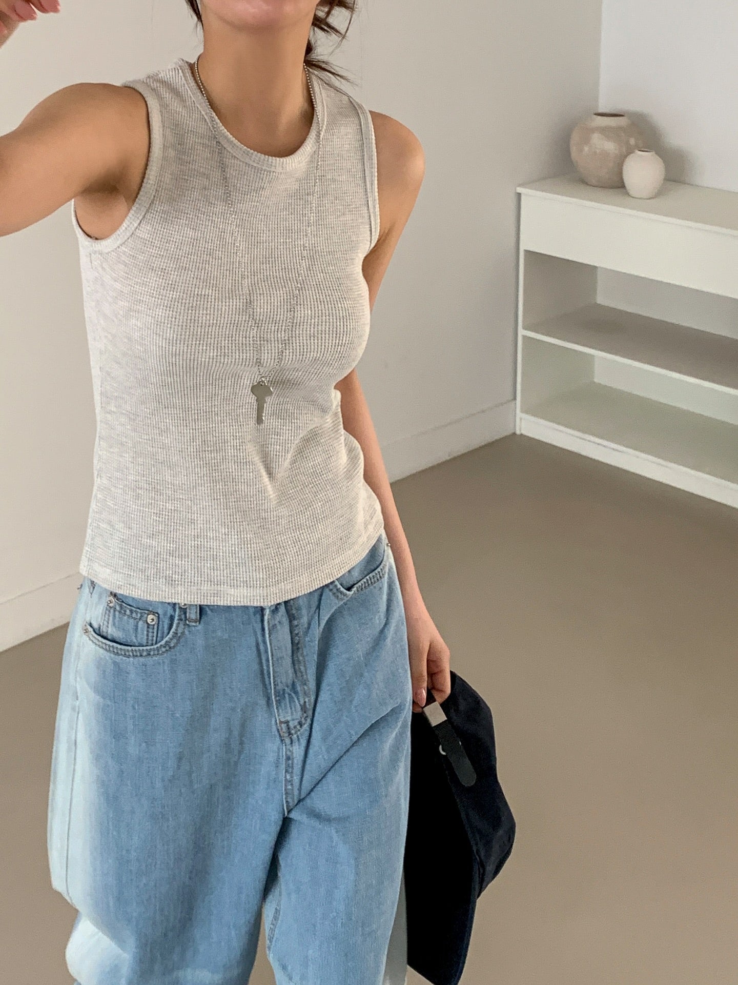 (2Pack)Moment Waffle Texture U-Neck Sleeveless Top — Bio-Washed Cotton