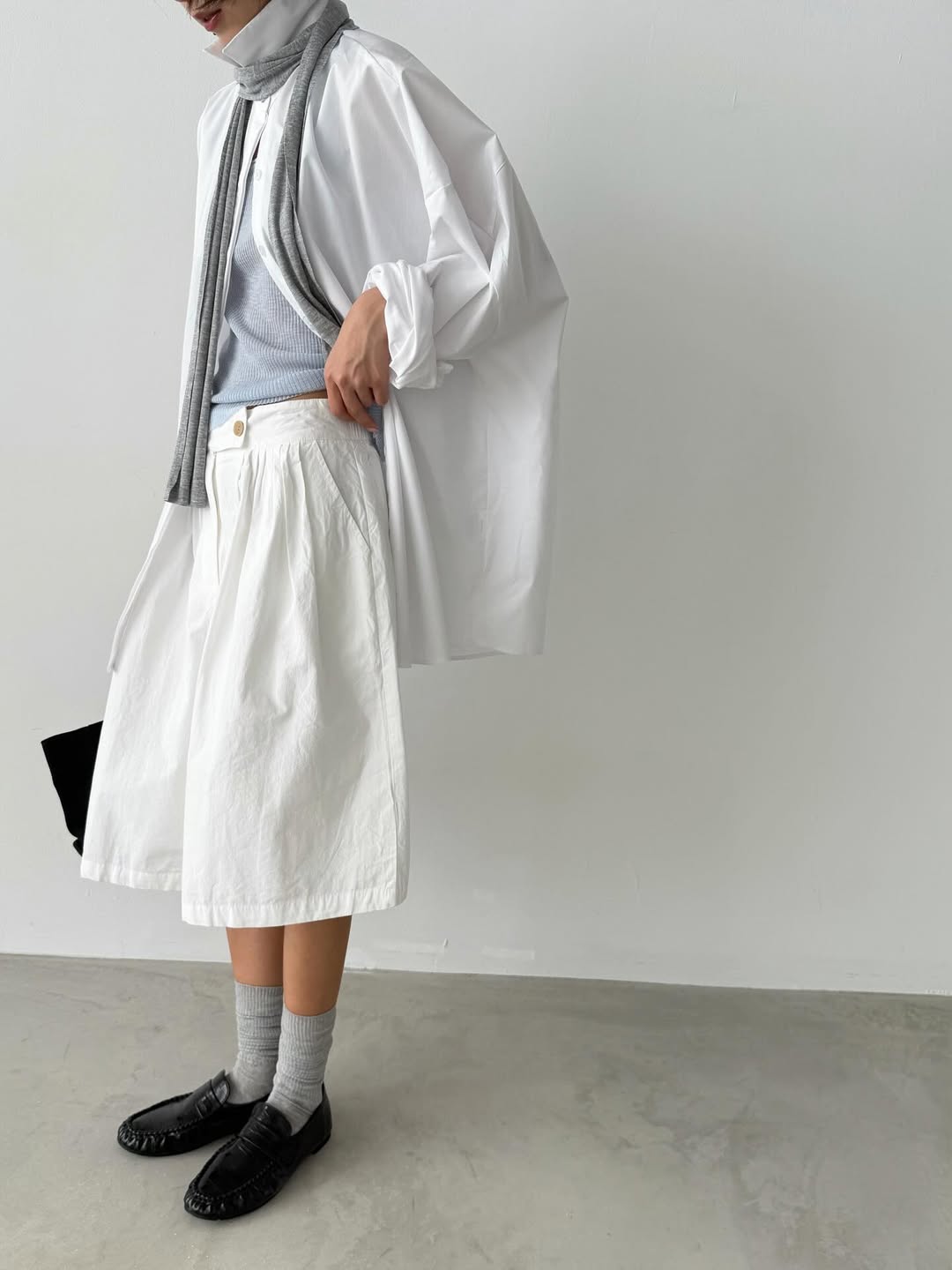 Favert Tuck Pleat Balloon Hem Midi Skirt — Cotton Elastic Waist Front Button