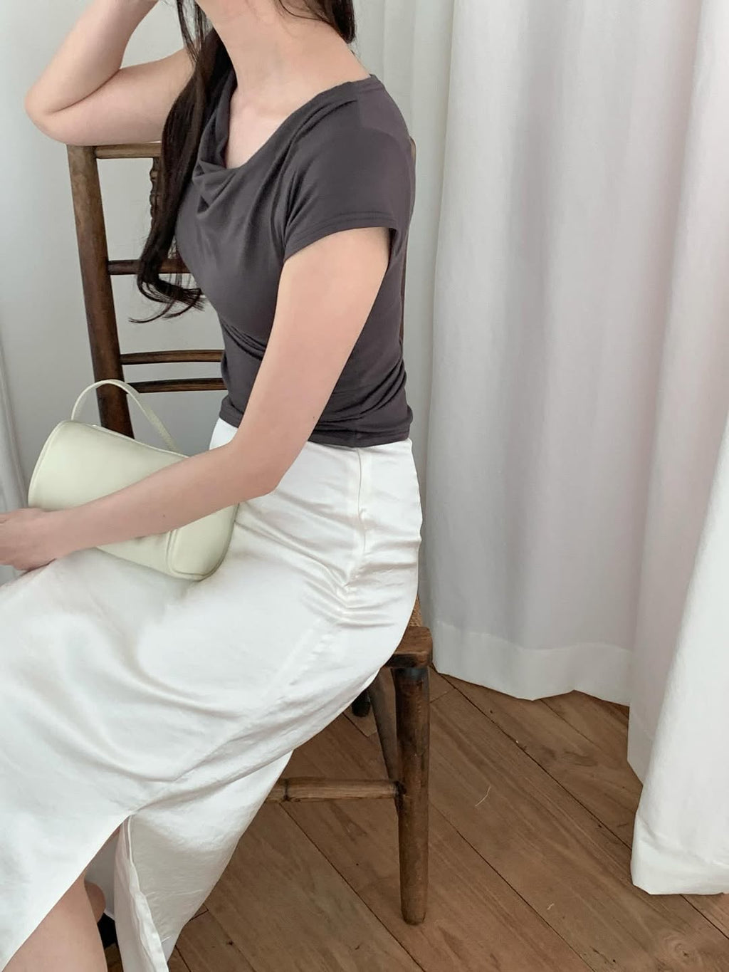 (2pack) Merrymore Draped Cowl Neck Ruched Cropped Short Sleeve Top