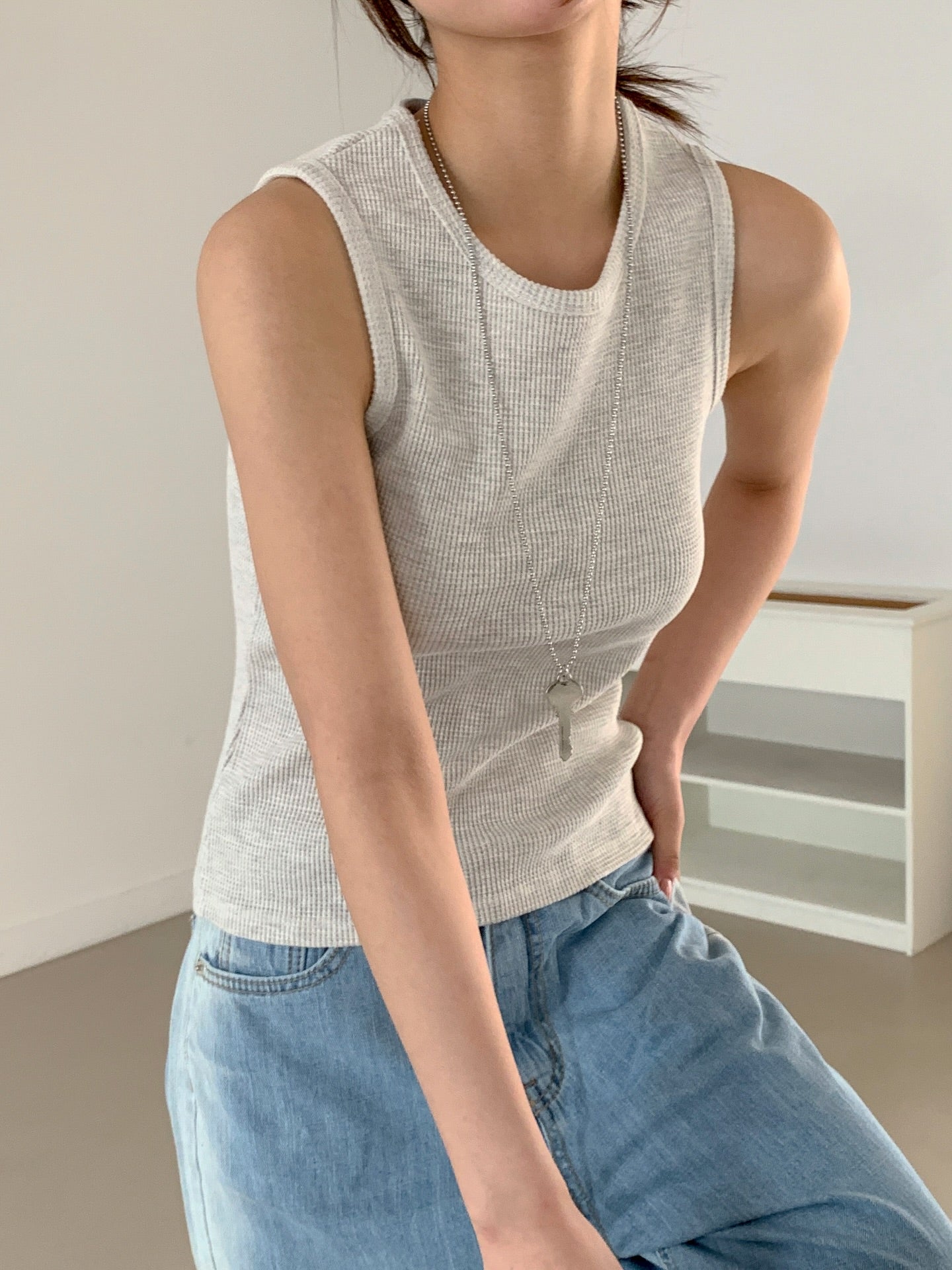 (2Pack)Moment Waffle Texture U-Neck Sleeveless Top — Bio-Washed Cotton