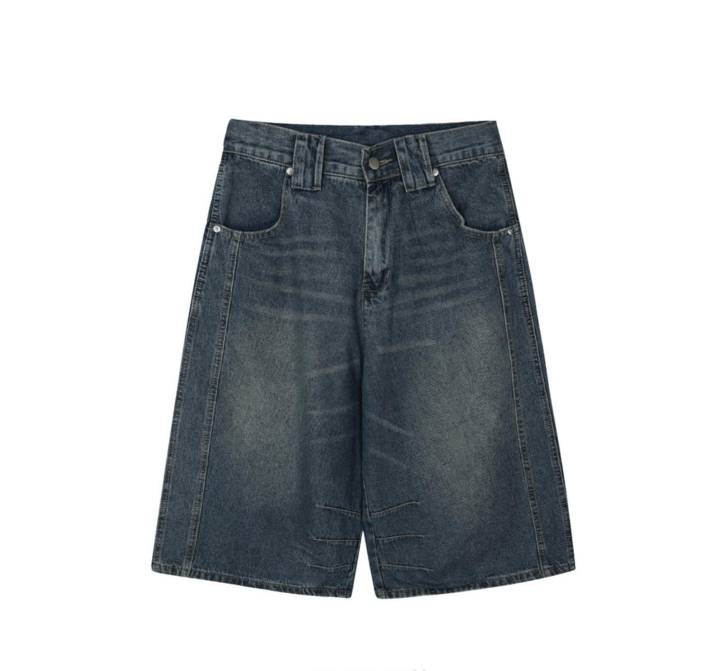 Buckle Detail Bermuda Denim Shorts — Mid Blue and Black