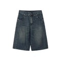 Buckle Detail Bermuda Denim Shorts — Mid Blue and Black
