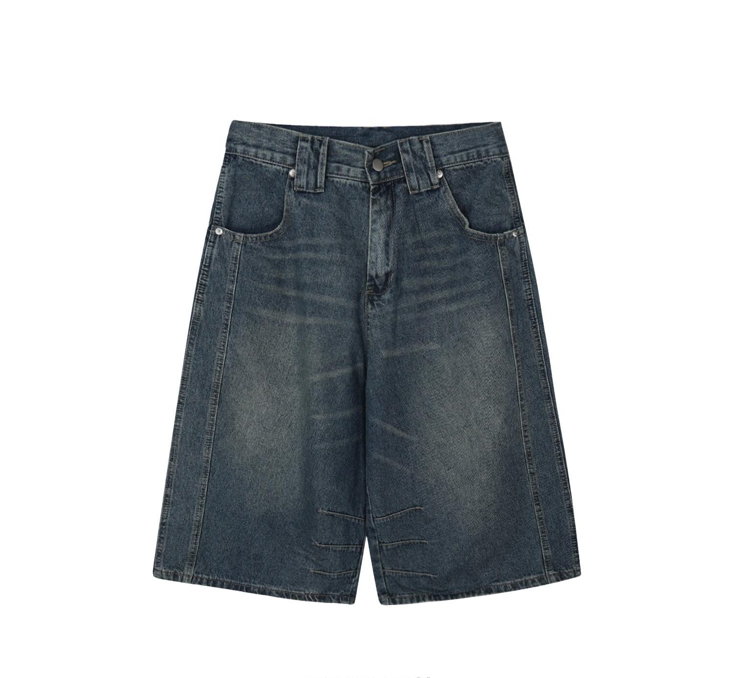 Buckle Detail Bermuda Denim Shorts — Mid Blue and Black