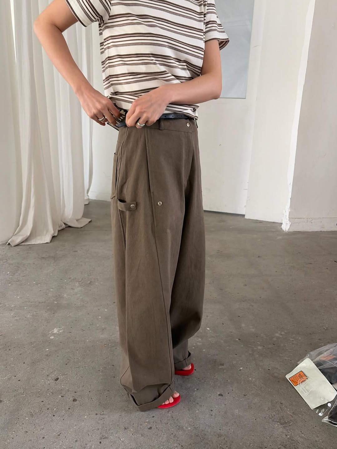 Overnear Wide Leg Trouser Pants — Cotton High Waist Tuck Pleat Flap Pocket Roll-Up Hem