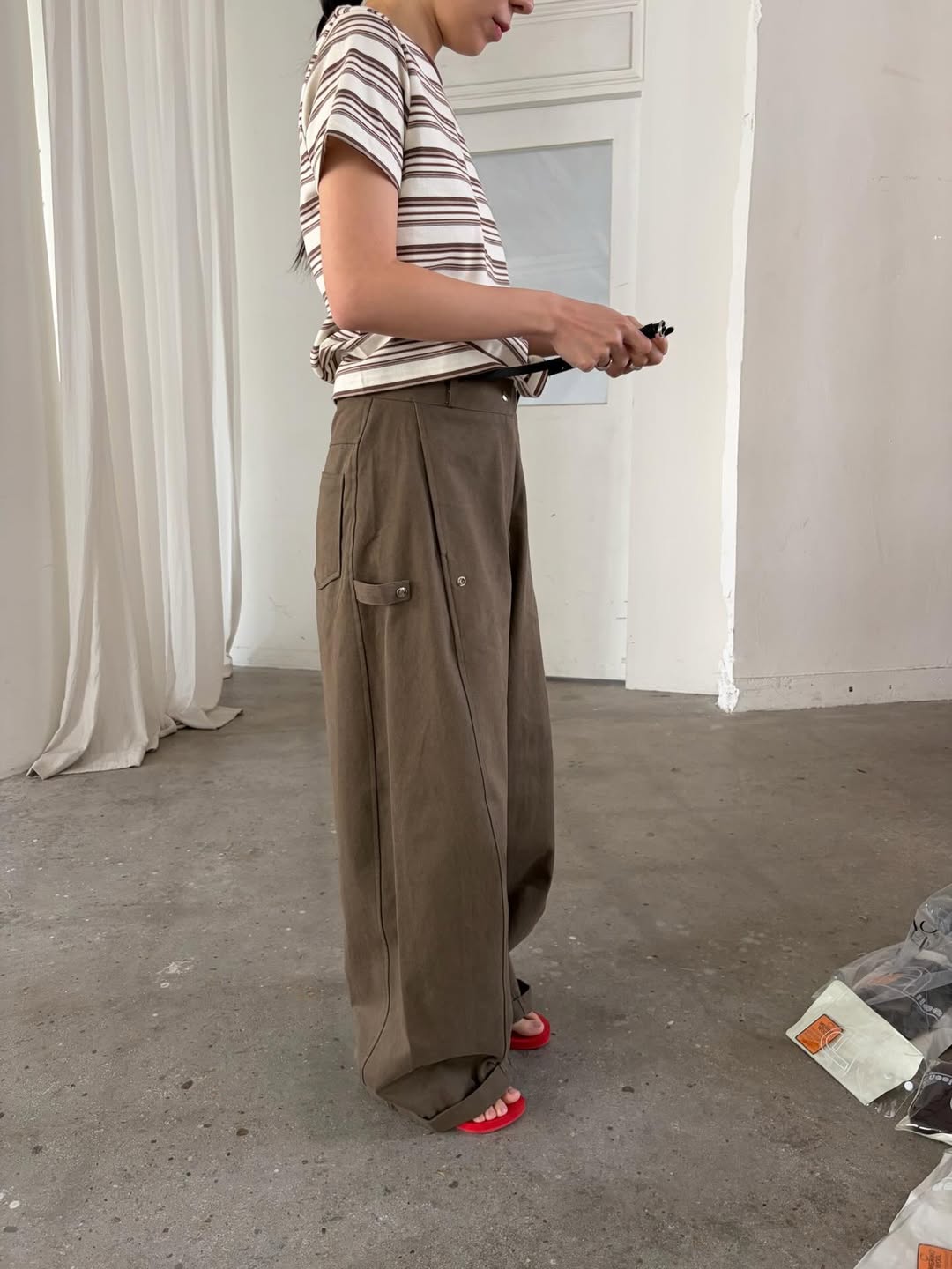 Overnear Wide Leg Trouser Pants — Cotton High Waist Tuck Pleat Flap Pocket Roll-Up Hem
