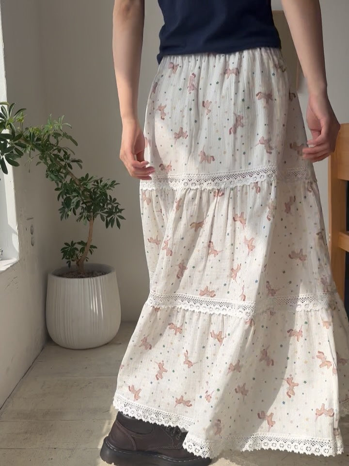 Excuse Pony & Star Print Tiered Maxi Skirt — Crochet Lace Cotton