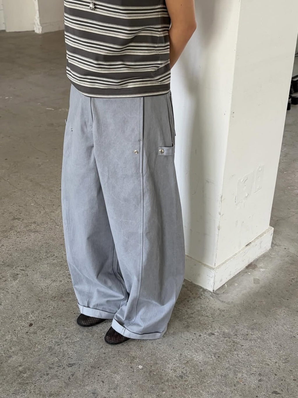 Overnear Wide Leg Trouser Pants — Cotton High Waist Tuck Pleat Flap Pocket Roll-Up Hem