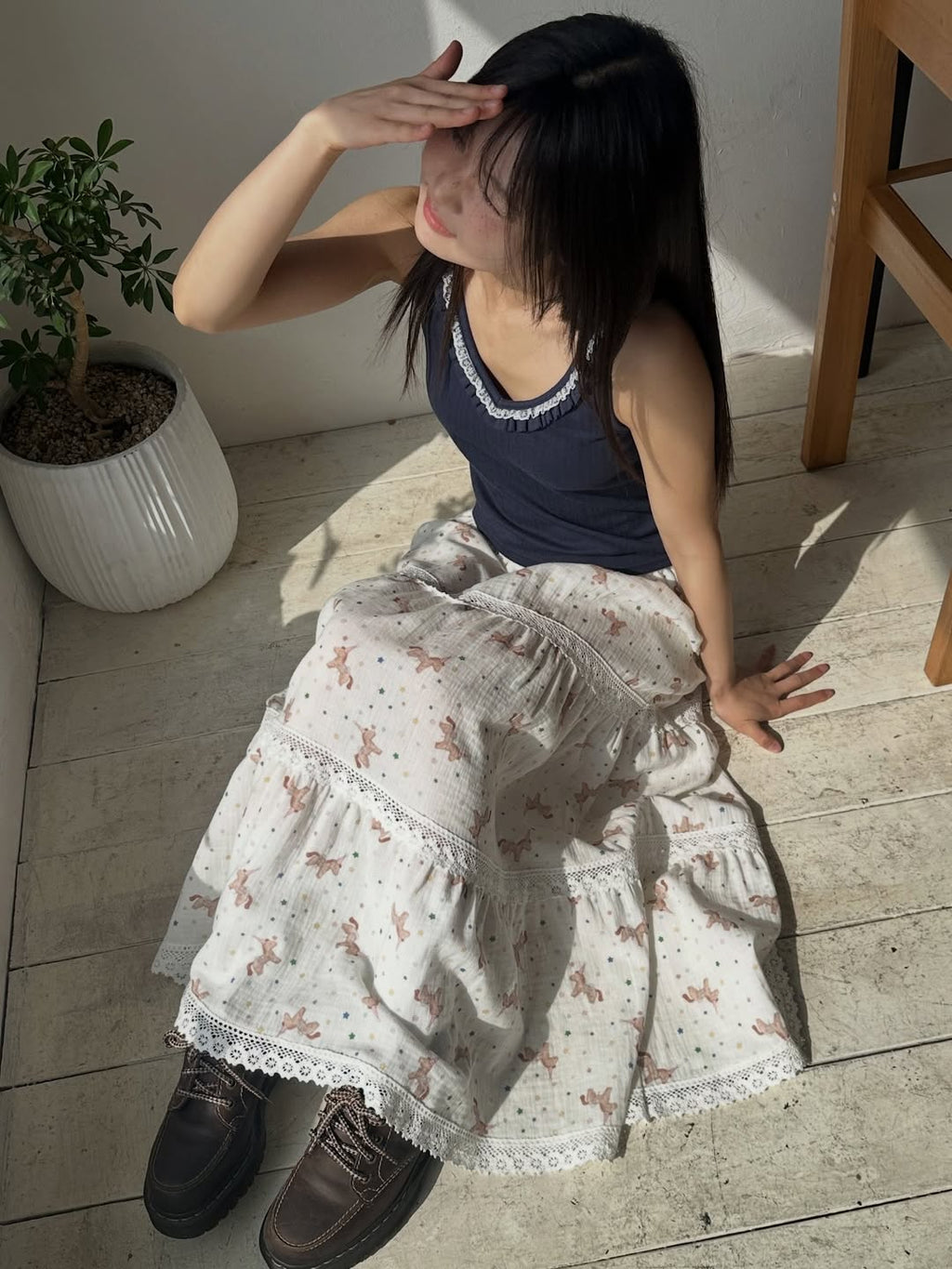 Excuse Pony & Star Print Tiered Maxi Skirt — Crochet Lace Cotton