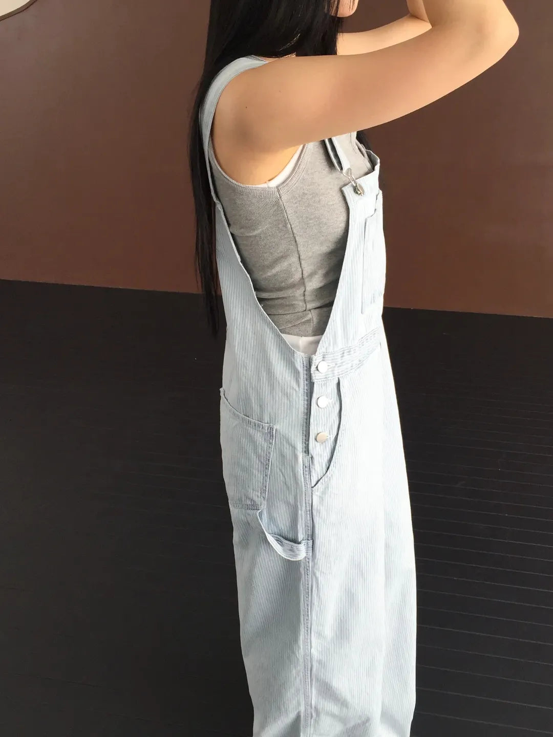 Lovemoment Pinstripe Denim Overall Wide-Leg Jumpsuit