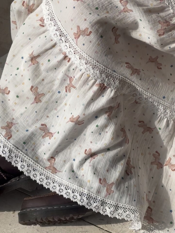 Excuse Pony & Star Print Tiered Maxi Skirt — Crochet Lace Cotton