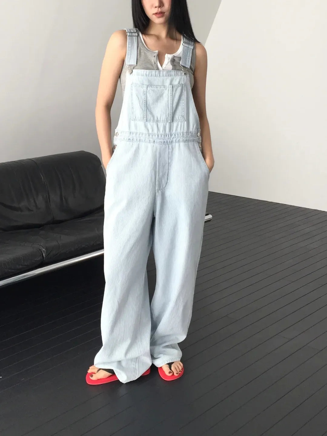 Lovemoment Pinstripe Denim Overall Wide-Leg Jumpsuit