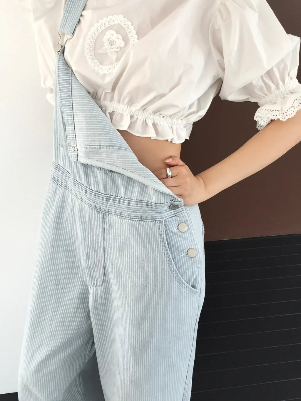Lovemoment Pinstripe Denim Overall Wide-Leg Jumpsuit