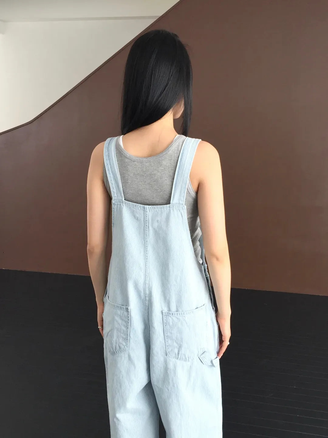 Lovemoment Pinstripe Denim Overall Wide-Leg Jumpsuit
