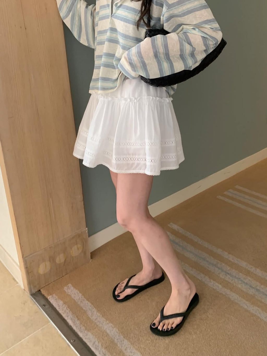 Mellounge Double Shirring Mini Skirt with Lace Trim — Built-in Shorts Lining