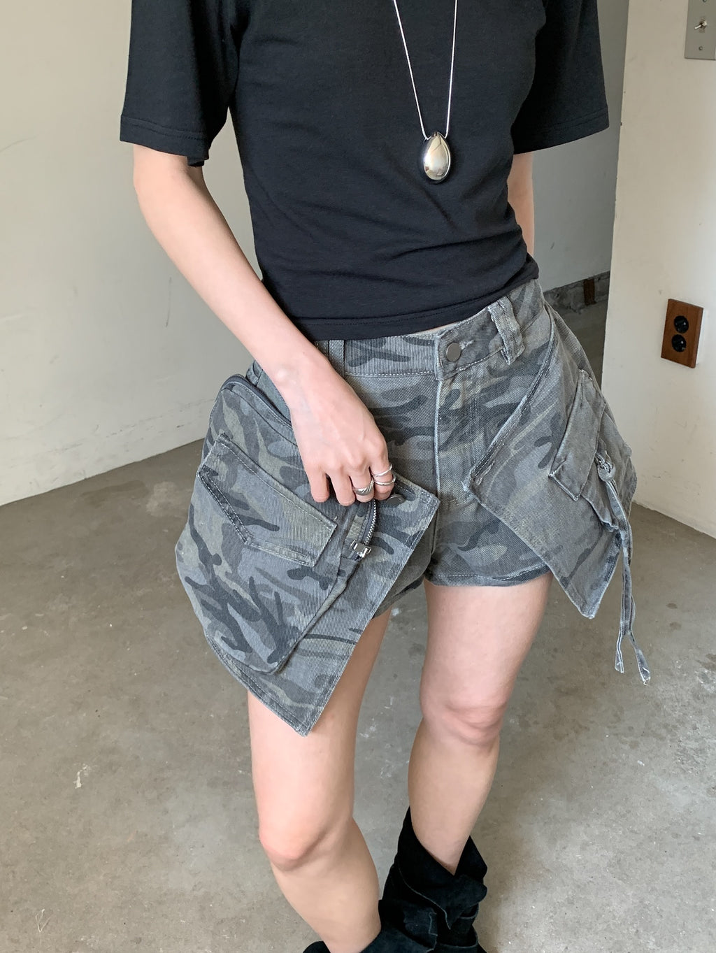 Vive L camo denim skort in Khaki, front view showing cargo pocket detail
