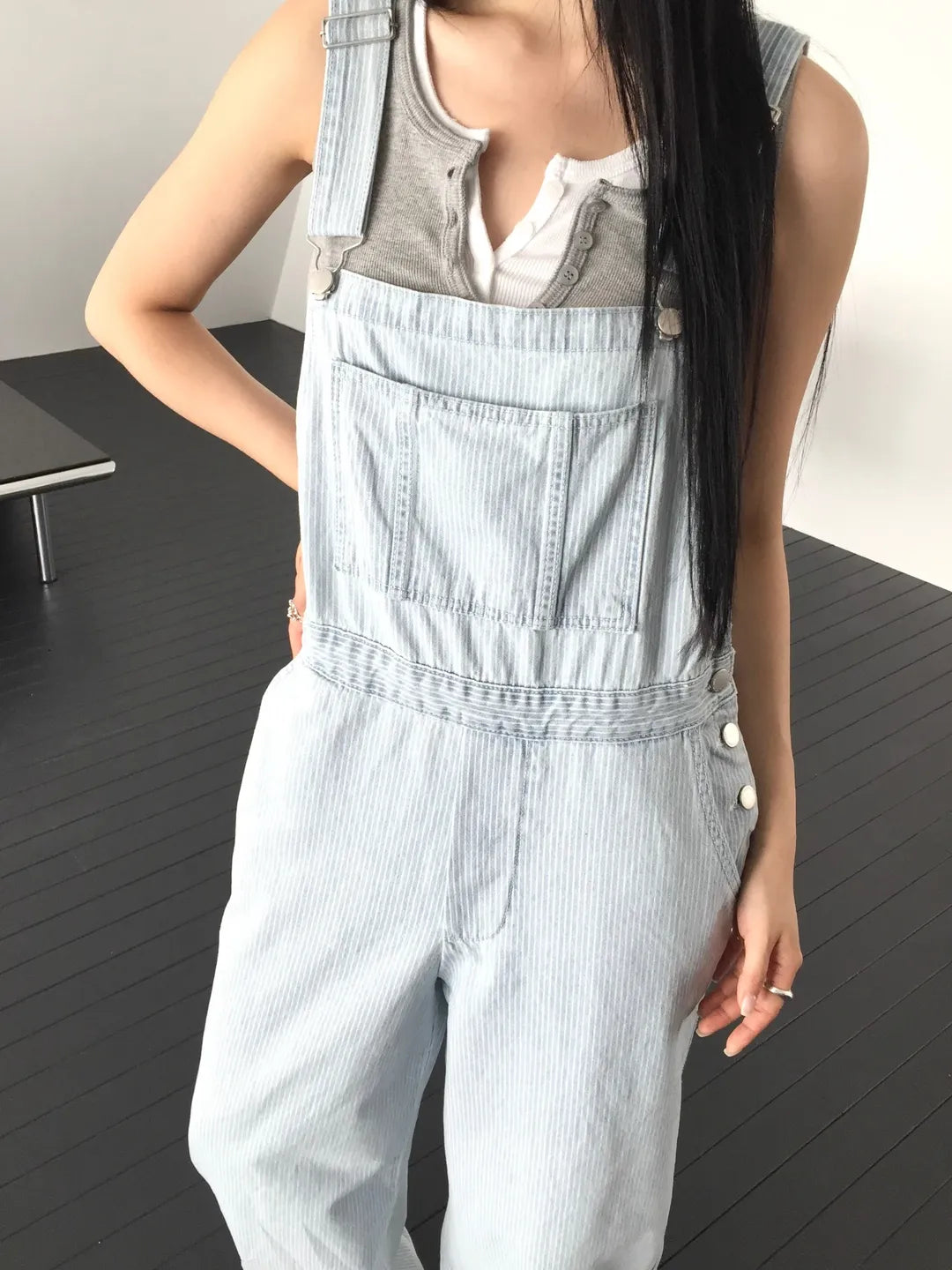 Lovemoment Pinstripe Denim Overall Wide-Leg Jumpsuit