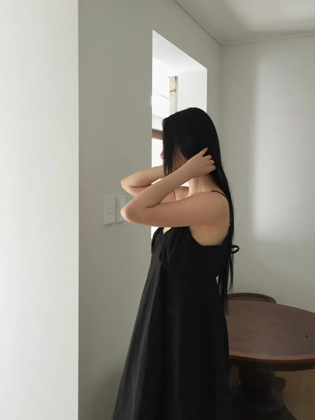 Lovemoment Balloon Washer Midi Dress — Nylon Spaghetti Strap Open Back