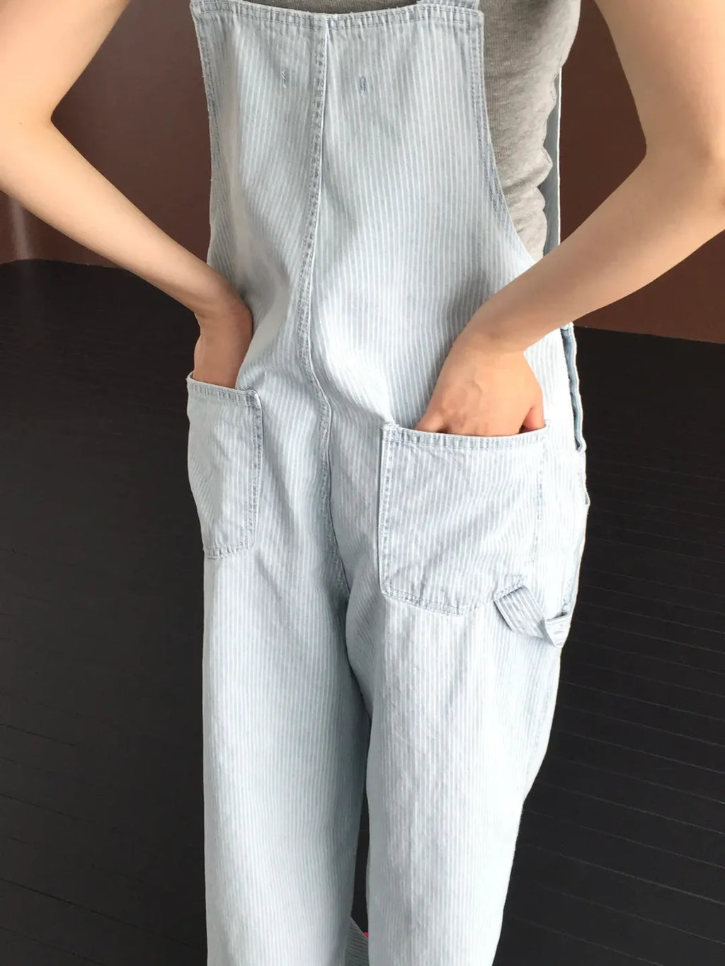 Lovemoment Pinstripe Denim Overall Wide-Leg Jumpsuit