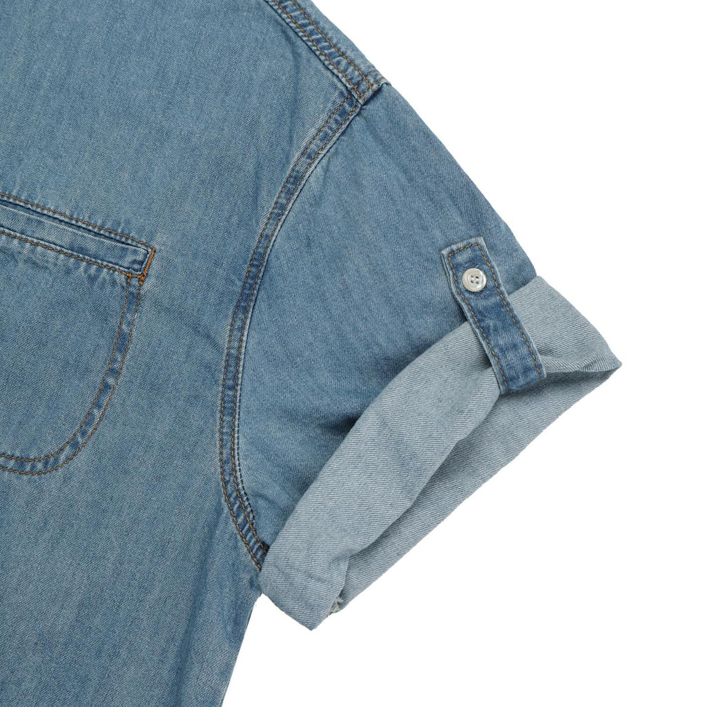 Roll-Up Sleeve Denim Shirt — collar and label detail