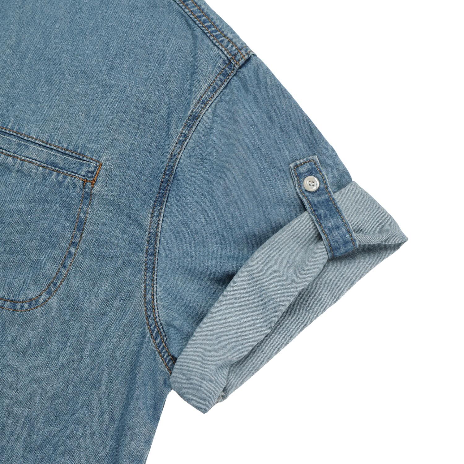 Roll-Up Sleeve Denim Shirt — collar and label detail