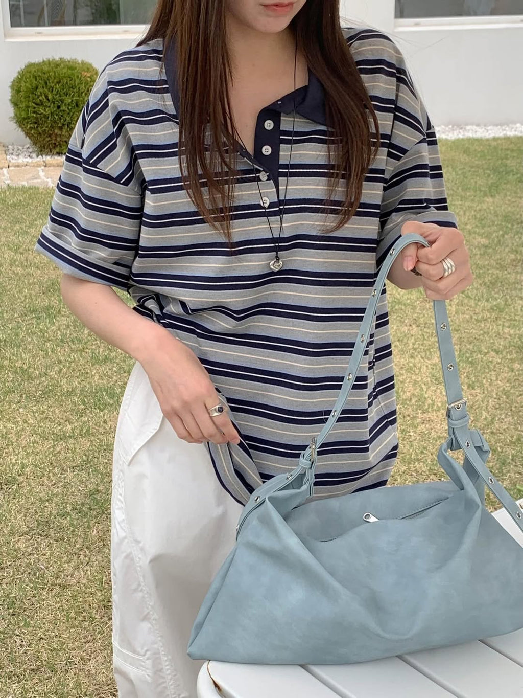 Areing Multi-Stripe Polo Collar Short Sleeve Top — Contrast Collar