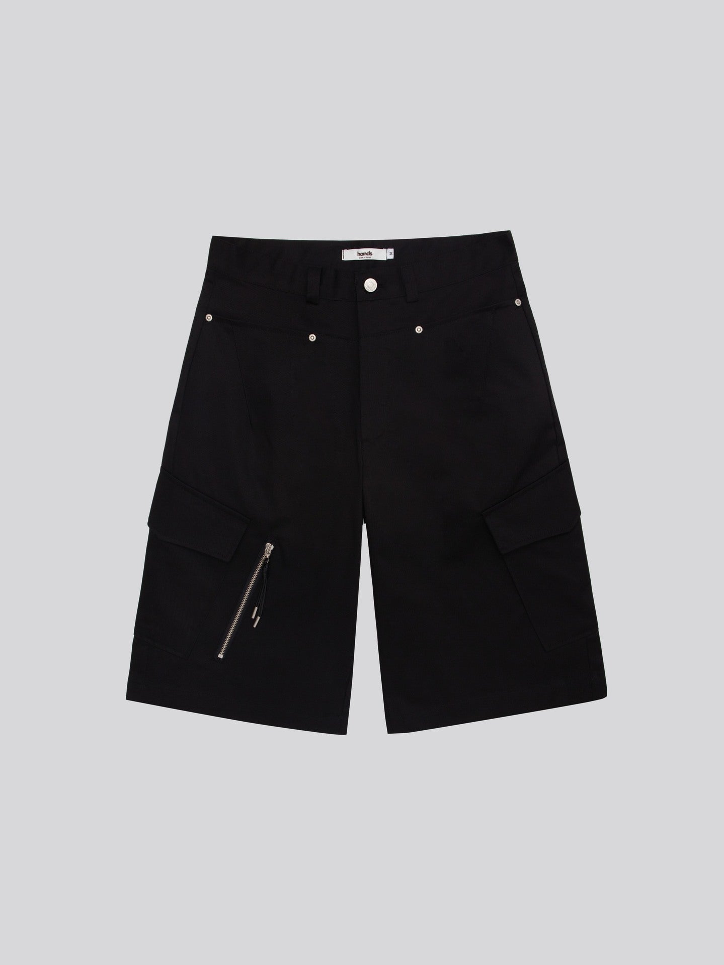 Twill Diagonal Zip Cargo Bermuda Shorts — Brown, Black, Ivory