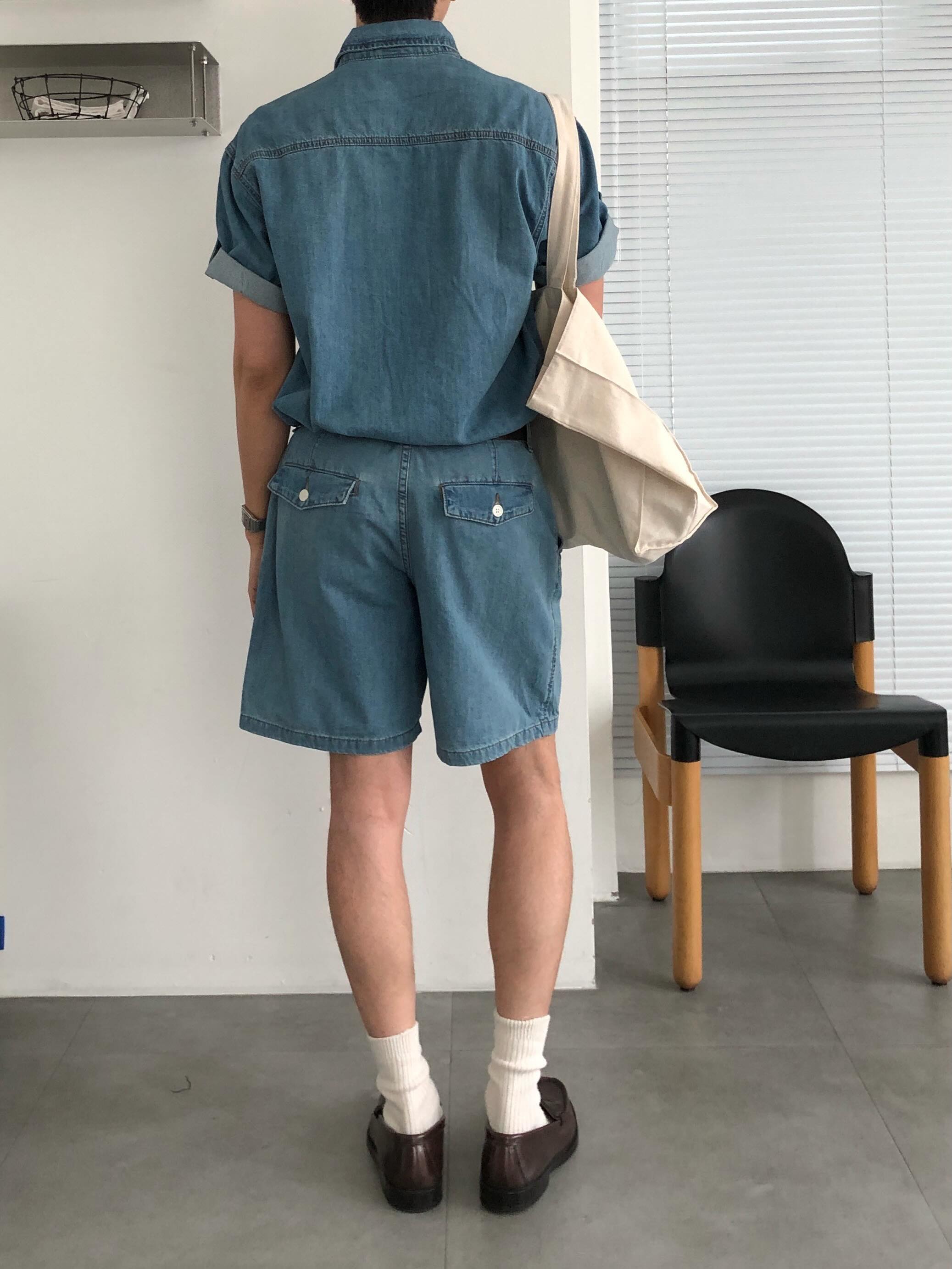 Roll-Up Sleeve Denim Shirt — Mid Blue front