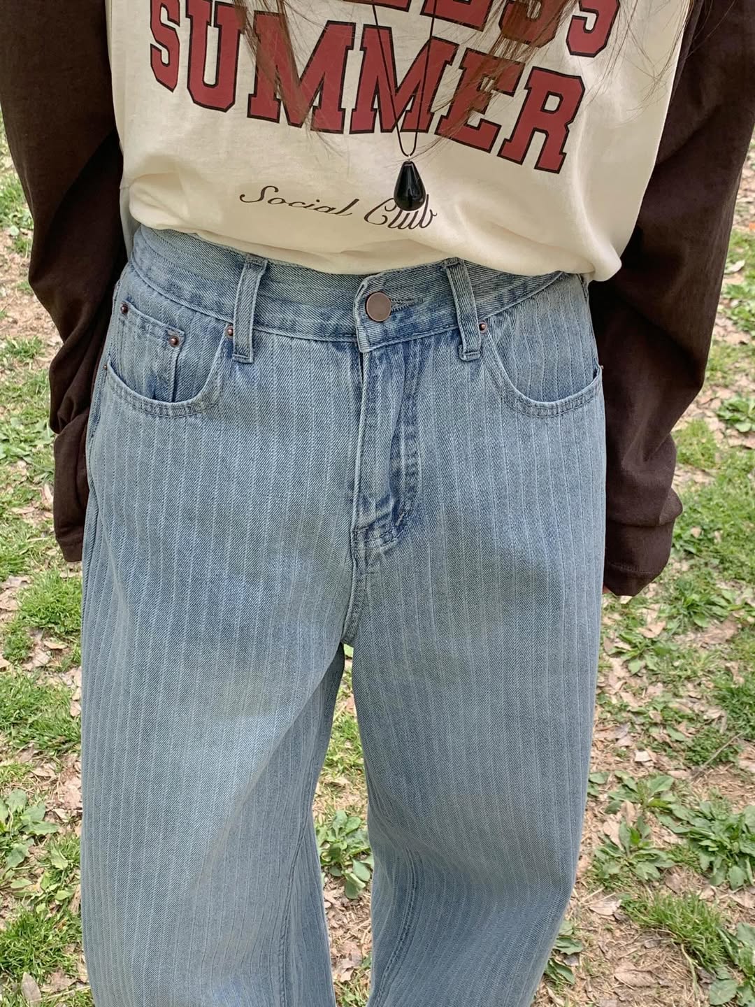 Areing Pinstripe Wide-Leg Jeans — Light Wash Denim