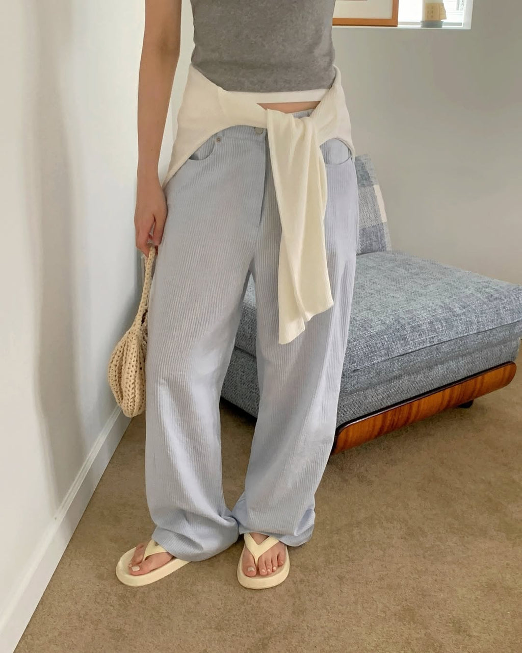Hing9 Stripe Texture High-Waist Wide Pants