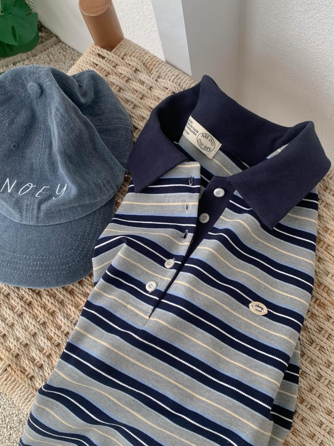 Areing Multi-Stripe Polo Collar Short Sleeve Top — Contrast Collar