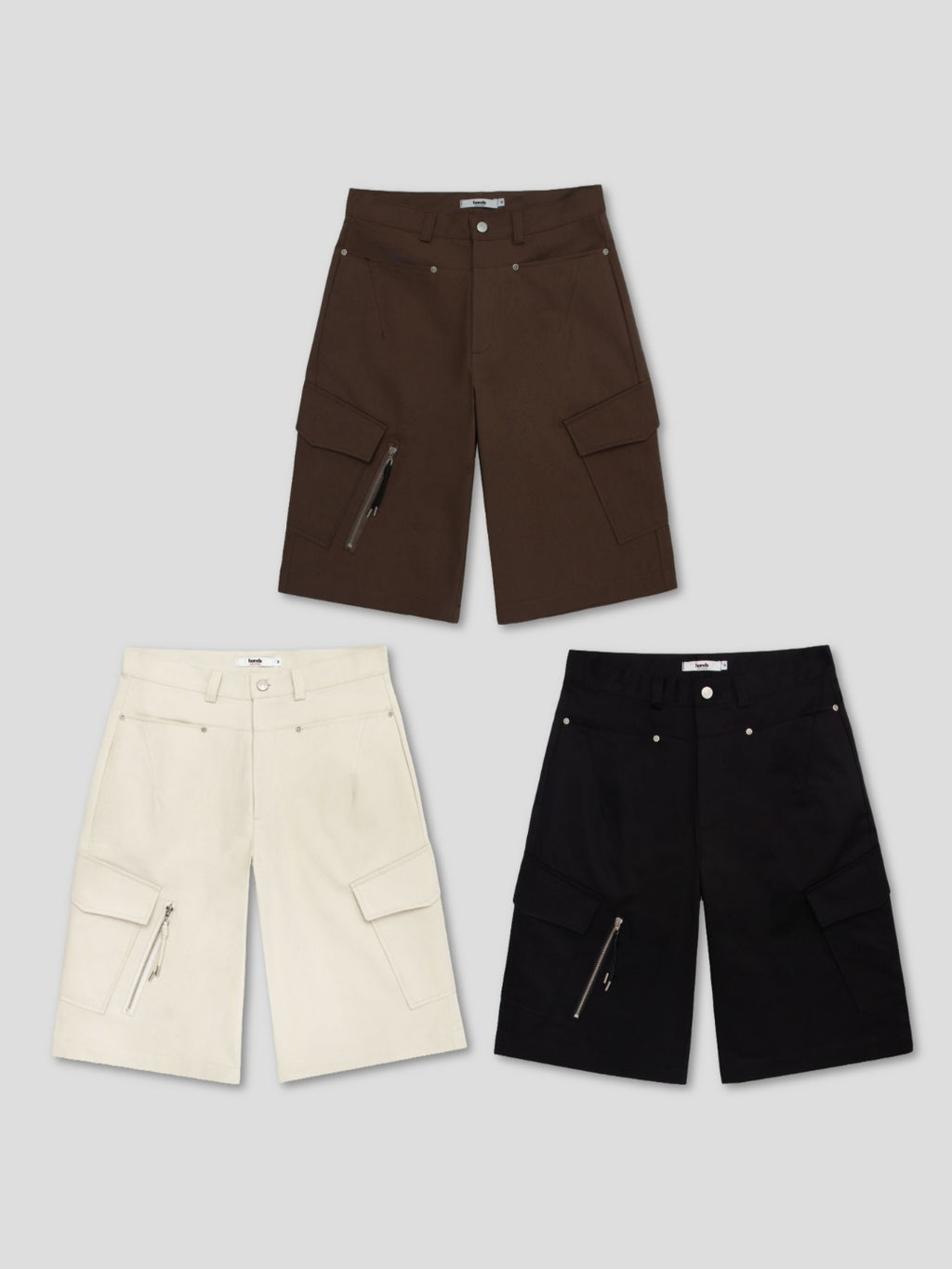 Twill Diagonal Zip Cargo Bermuda Shorts — Black front