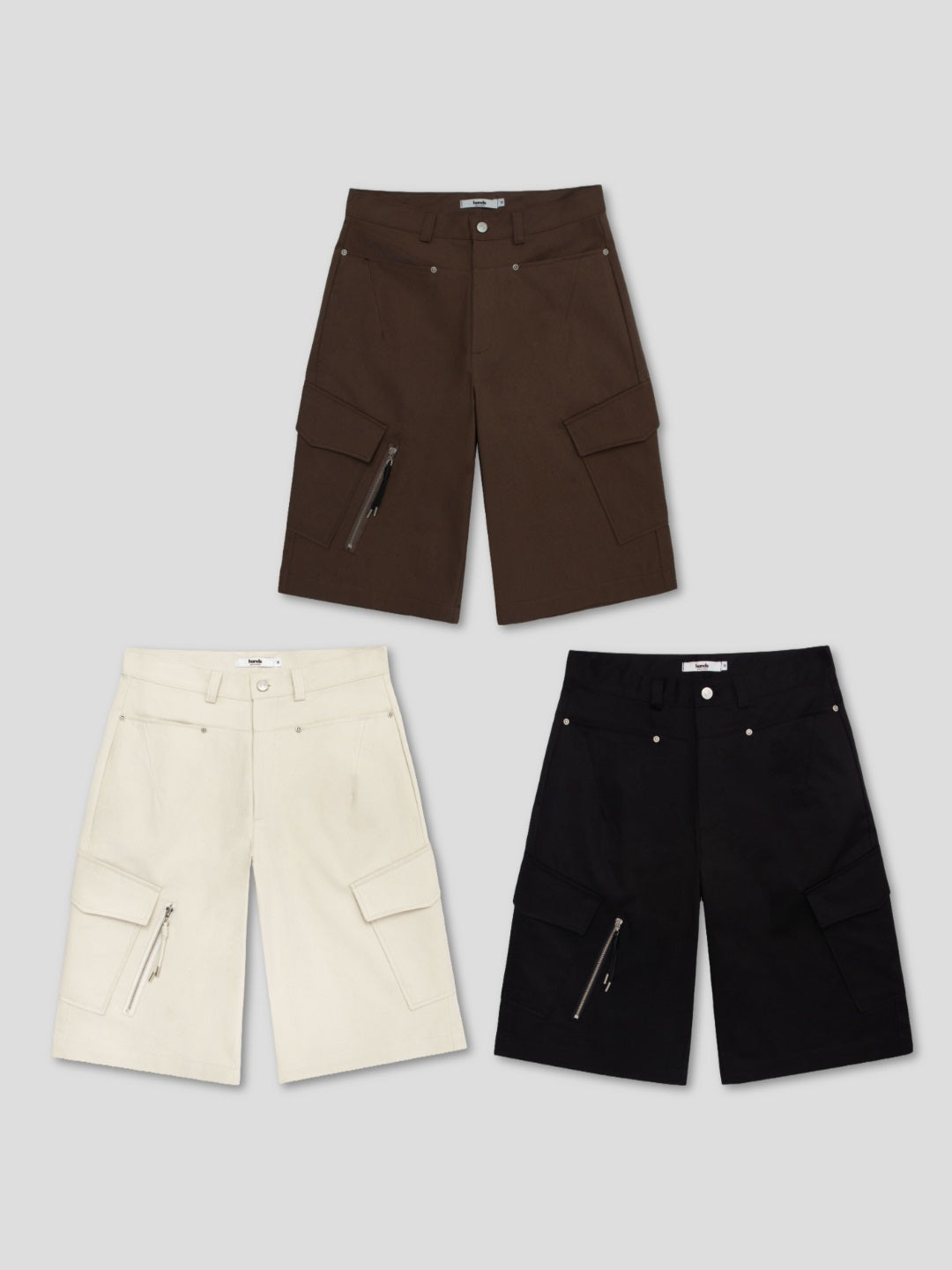 Twill Diagonal Zip Cargo Bermuda Shorts — Black front