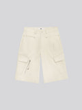 Twill Diagonal Zip Cargo Bermuda Shorts — Ivory cargo pocket close-up
