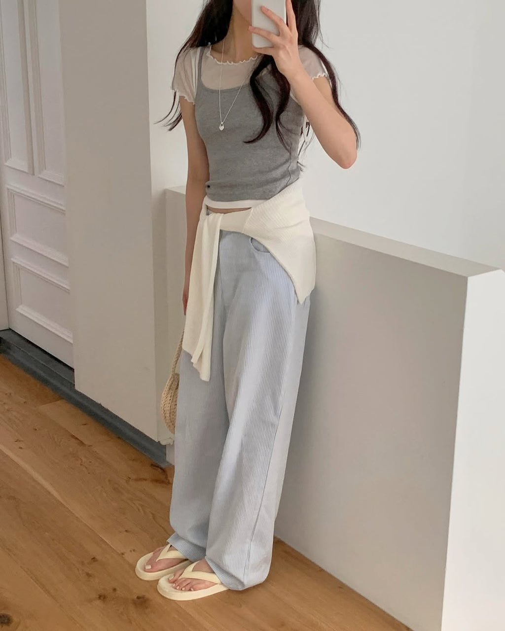 Hing9 Stripe Texture High-Waist Wide Pants
