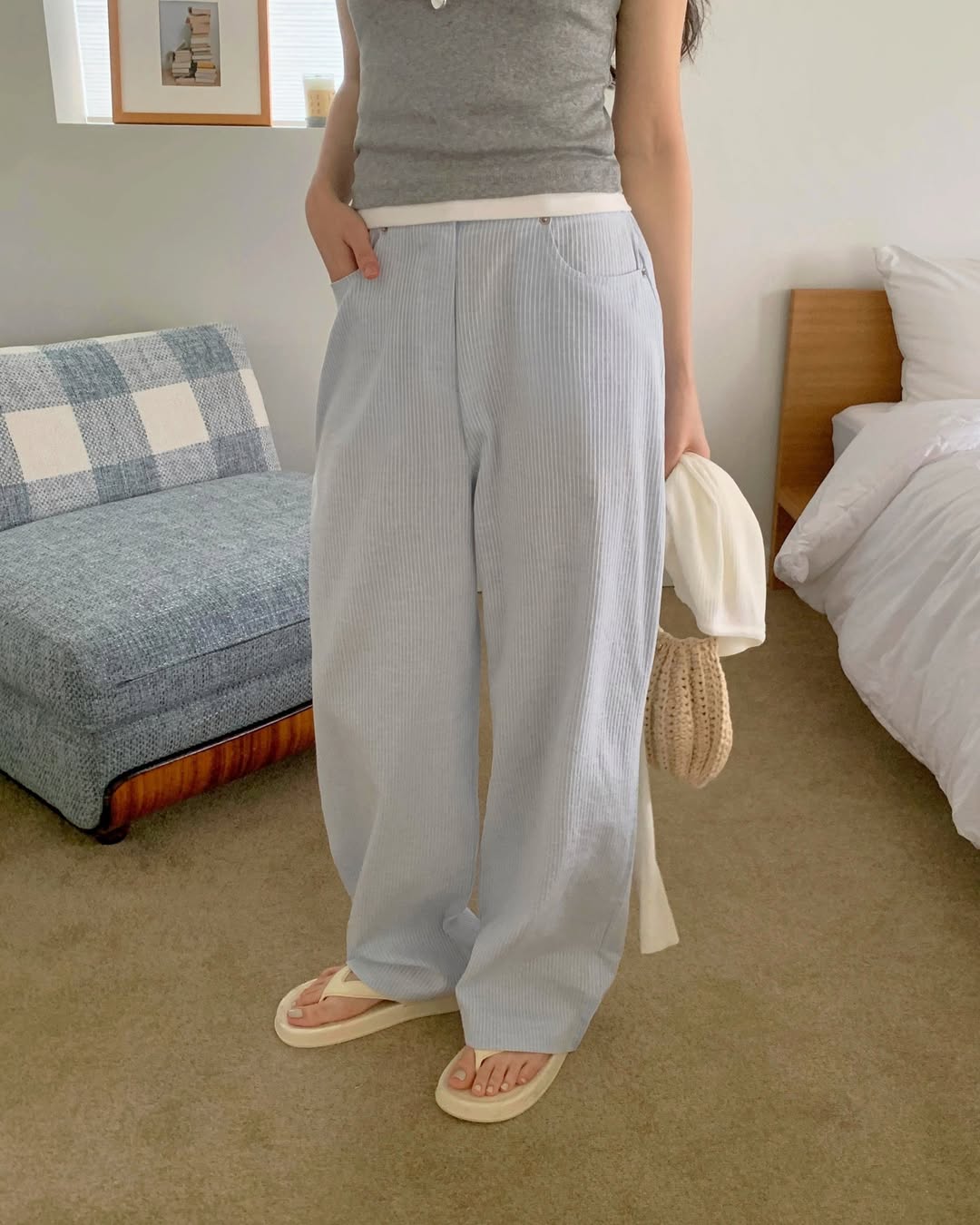 Hing9 Stripe Texture High-Waist Wide Pants