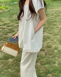 Hing9 Square Neck Puff Sleeve Lace Hem Mini Dress