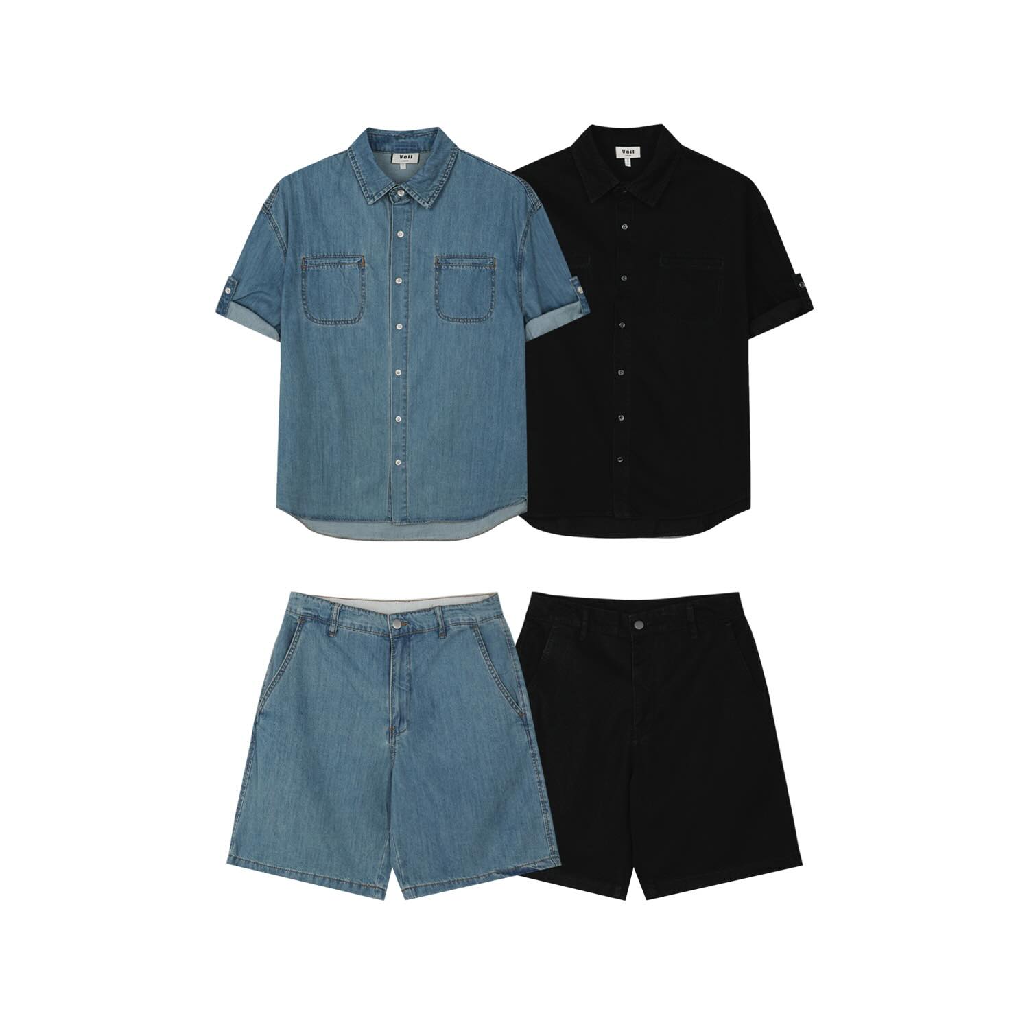 Wide Bermuda Denim Shorts — Mid Blue worn look